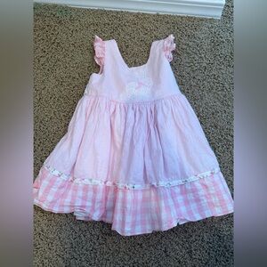 Ricrac and ruffles darling mar Easter dress. Pink Gingham with Bunny Embroidery